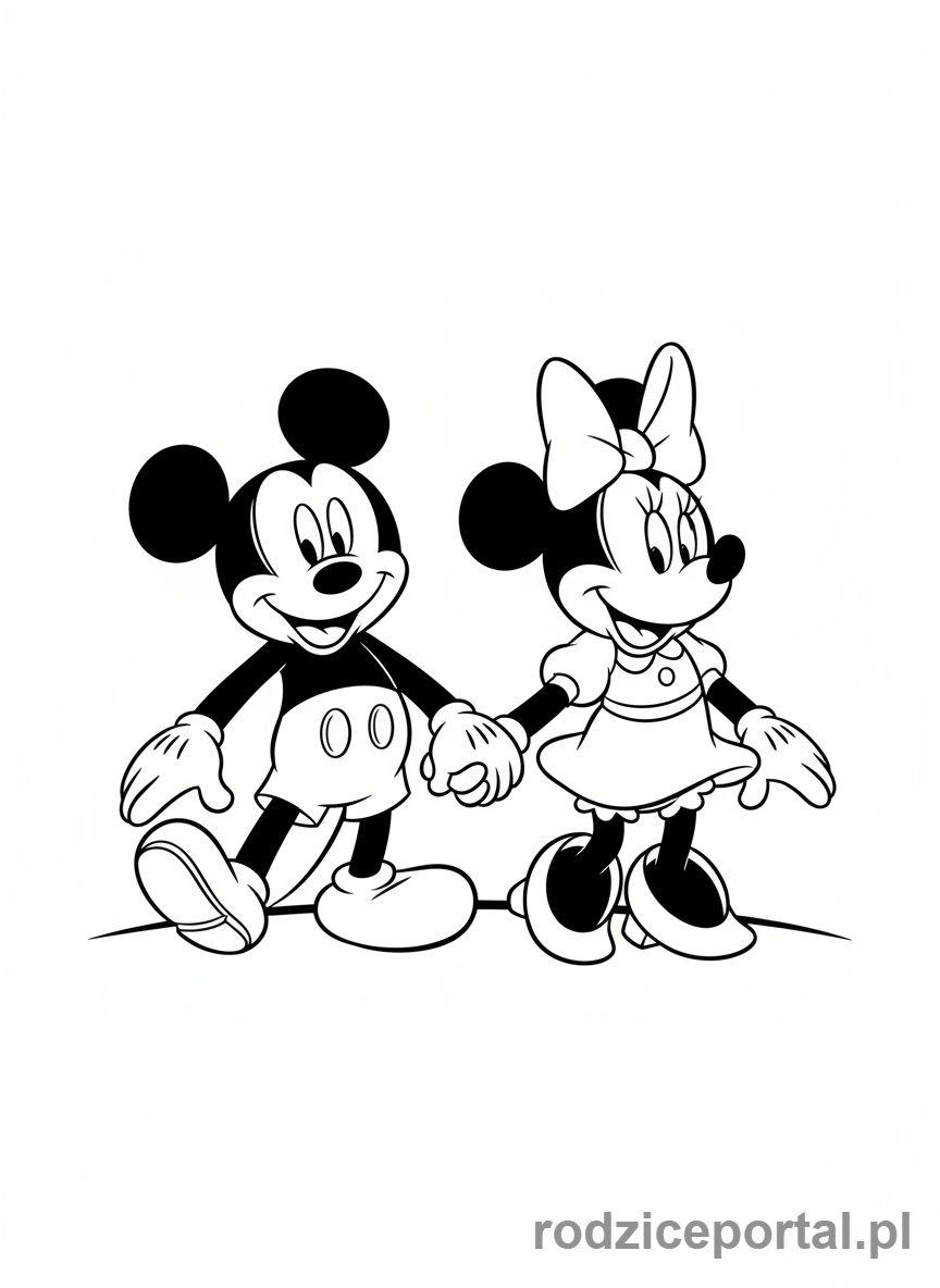 Kolorowanka Myszka Miki - Myszka Miki i Minnie trzymają się za ręce