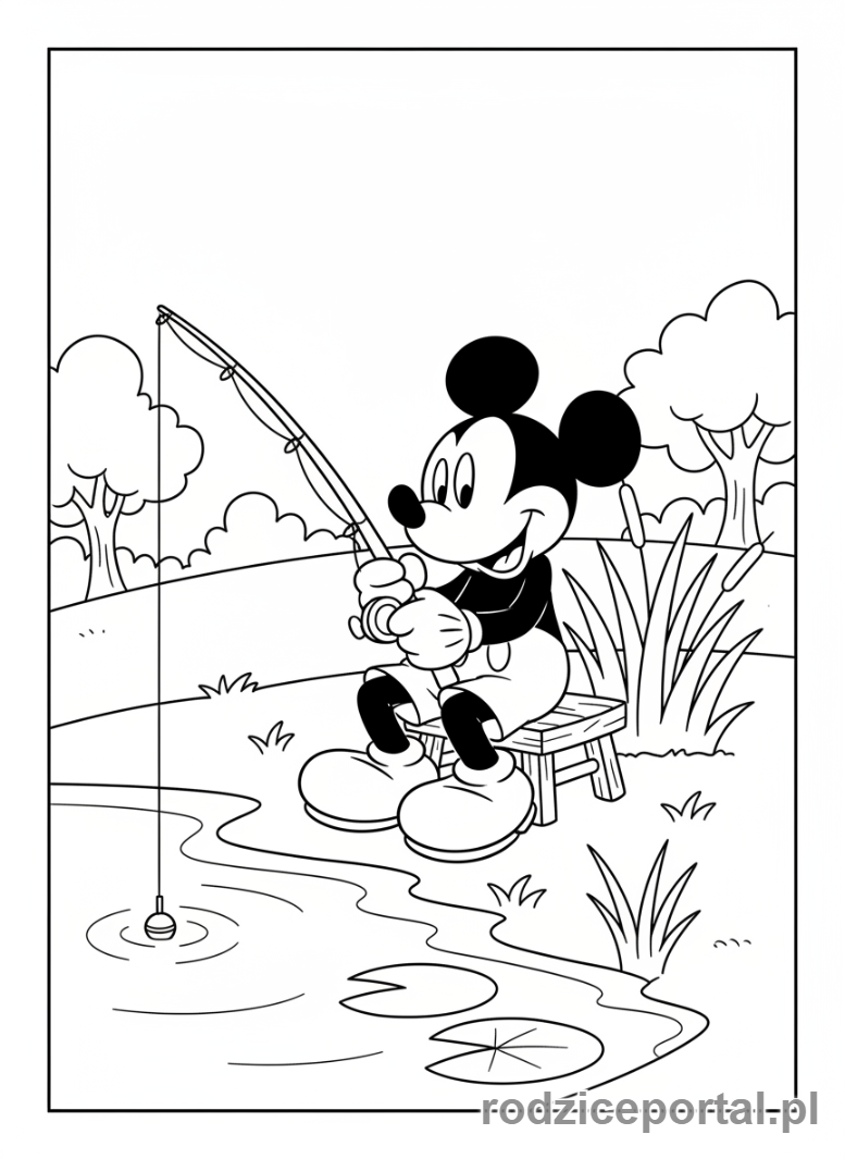 Kolorowanka Myszka Miki - Myszka Miki łowi ryby
