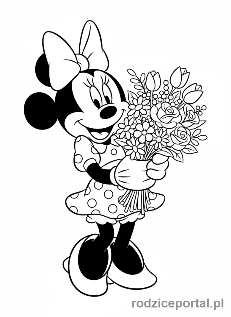 Kolorowanka Myszka Minnie - Minnie z bukietem kwiatów