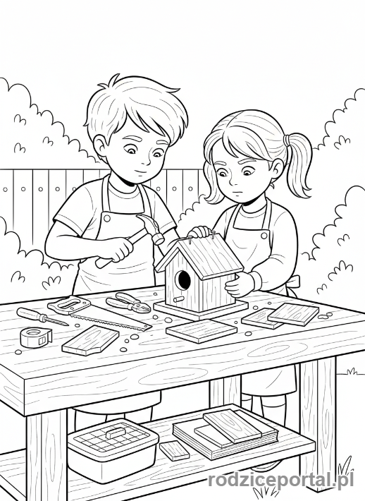 Kolorowanka Natura Ochrona - Dzieci budują budkę