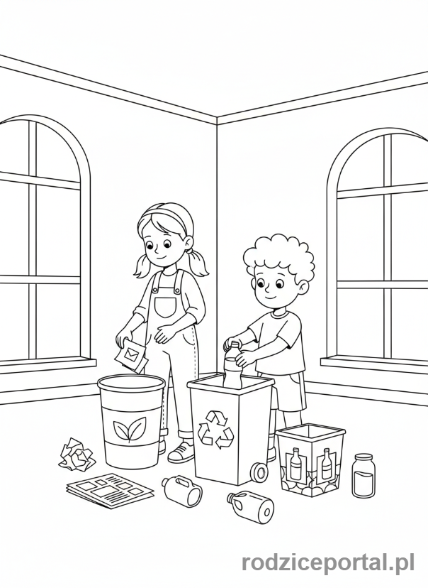 Kolorowanka Natura Ochrona - Dzieci segregują śmieci