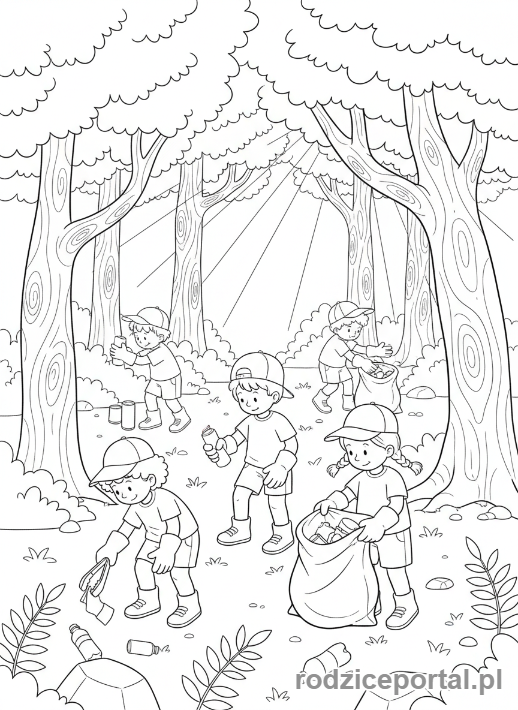 Kolorowanka Natura Ochrona - Dzieci sprzątają las