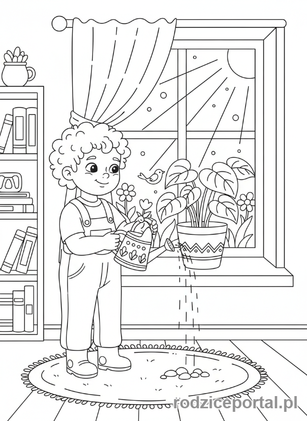 Kolorowanka Natura Ochrona - Dziecko podlewa kwiaty
