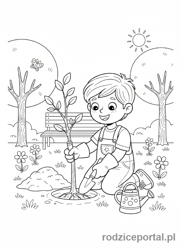 Kolorowanka Natura Ochrona - Dziecko sadzi drzewo