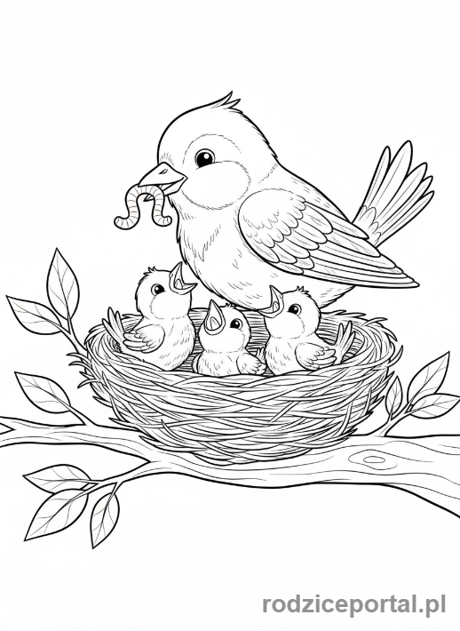 Kolorowanka Natura Ochrona - Ptak karmi pisklęta