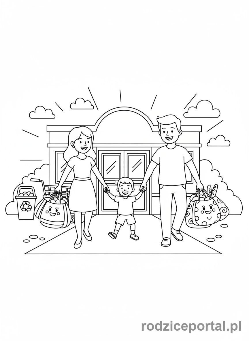 Kolorowanka Natura Ochrona - Rodzina z torbami wielorazowymi