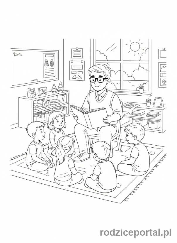 Kolorowanka Nauczyciel - Nauczyciel czyta dzieciom