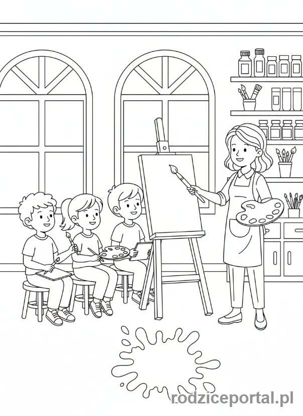 Kolorowanka Nauczyciel - Nauczyciel na lekcji plastyki