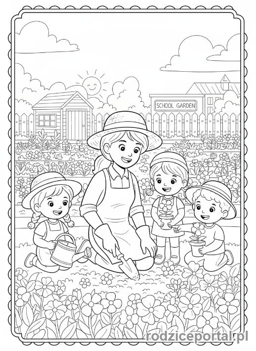Kolorowanka Nauczyciel - Nauczyciel w ogrodzie