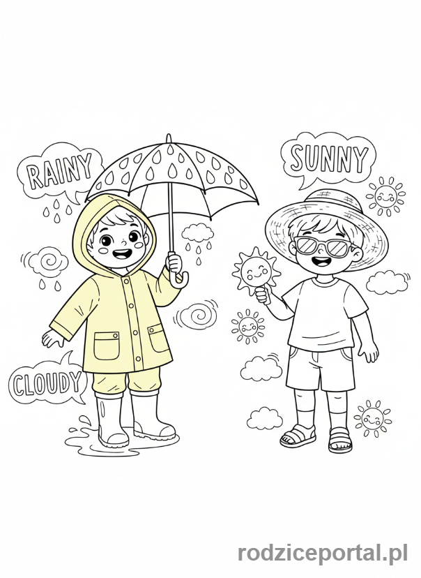 Kolorowanka Nauka Angielskiego - Dzieci i pogoda