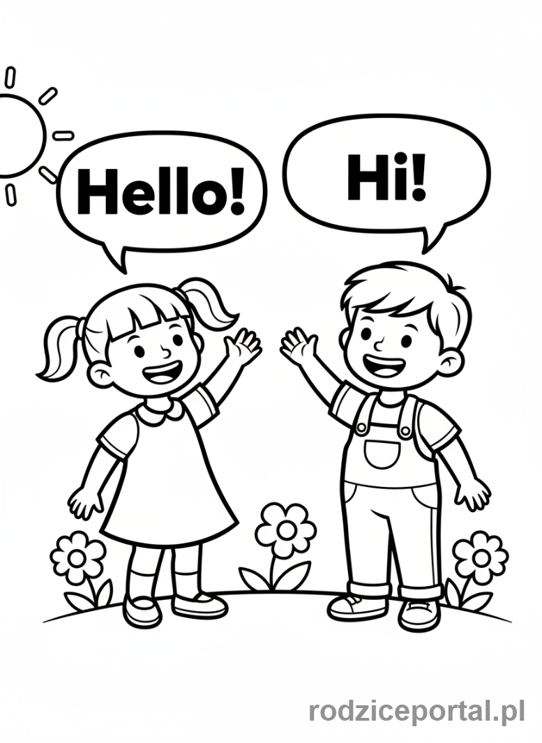 Kolorowanka Nauka Angielskiego - Dzieci witające się
