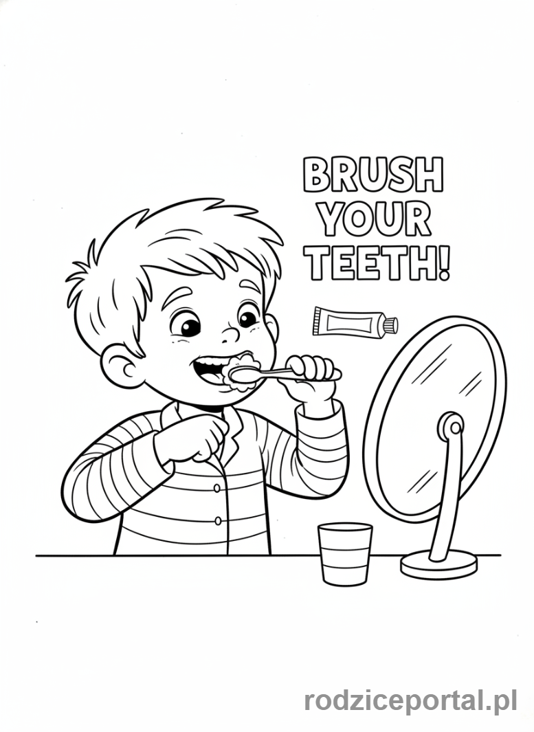 Kolorowanka Nauka Angielskiego - Dziecko myje zęby