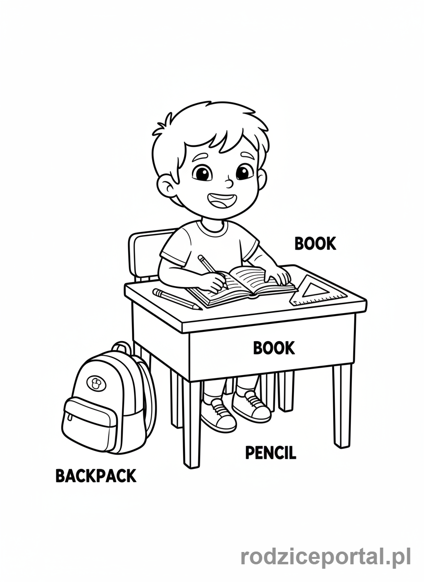 Kolorowanka Nauka Angielskiego - Dziecko przy biurku szkolnym