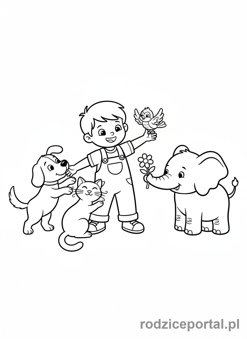 Kolorowanka Nauka Angielskiego - Dziecko z angielskimi nazwami zwierząt