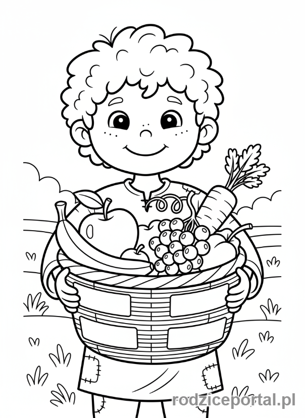 Kolorowanka Nauka Angielskiego - Dziecko z koszem owoców i warzyw