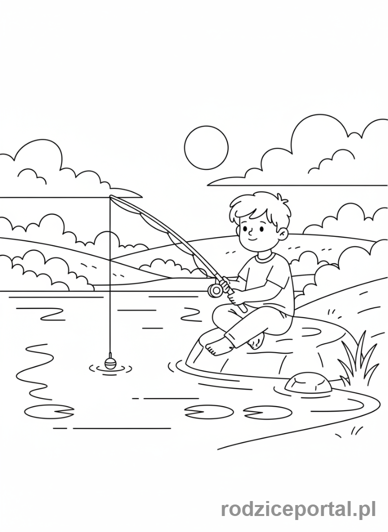 Kolorowanka Nauka Cierpliwości - Dziecko łowi ryby
