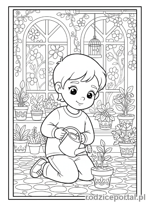 Kolorowanka Nauka Cierpliwości - Dziecko podlewa roślinę