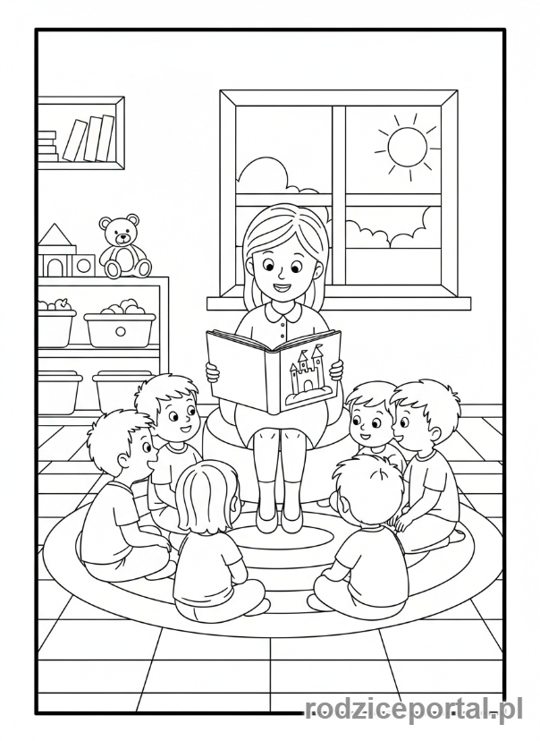 Kolorowanka Nauka Czytania - Nauczycielka czyta dzieciom