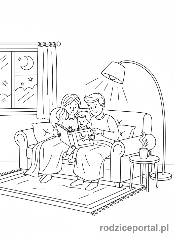 Kolorowanka Nauka Czytania - Rodzina czyta razem na kanapie
