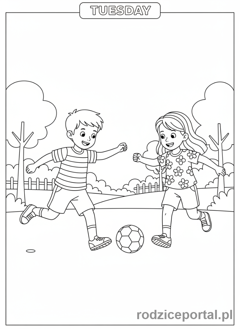 Kolorowanka Nauka Dni Tygodnia - Chłopiec i dziewczynka grający w piłkę nożną na dworze we wtorek, akcja, całe postacie, park.