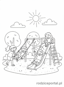 Kolorowanka Nauka Dni Tygodnia - Dzieci bawiące się na placu zabaw w niedzielę, na huśtawce i zjeżdżalni, akcja, cała scena.