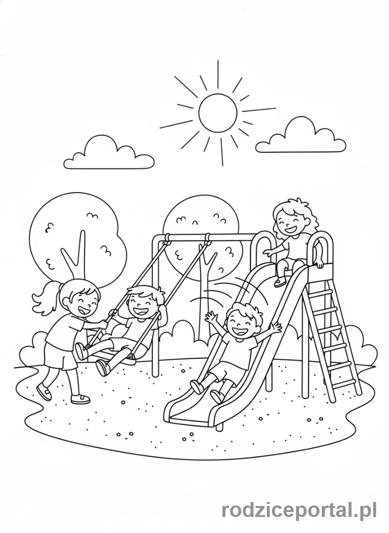 Kolorowanka Nauka Dni Tygodnia - Dzieci bawiące się na placu zabaw w niedzielę, na huśtawce i zjeżdżalni, akcja, cała scena.
