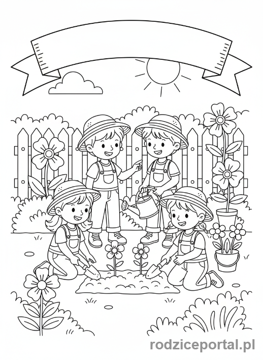 Kolorowanka Nauka Dni Tygodnia - Dzieci sadzące kwiaty w ogrodzie w środę, z łopatkami, współpraca, całe postacie.