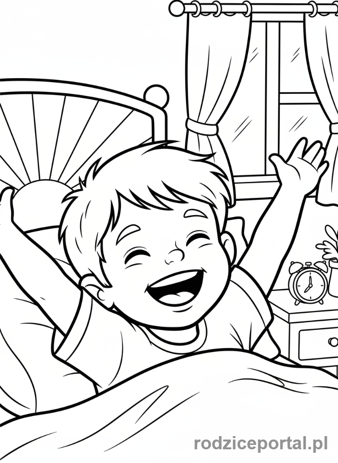 Kolorowanka Nauka Dni Tygodnia - Dziecko budzi się w poniedziałek, przeciąga się w łóżku, radosna mina, zbliżenie na twarz.