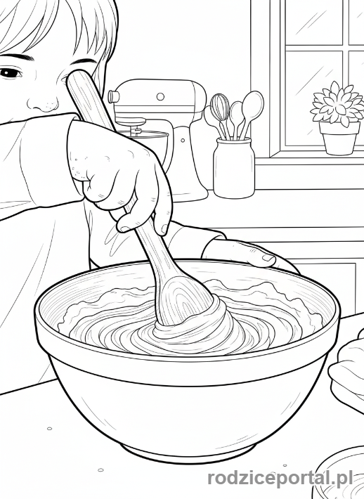 Kolorowanka Nauka Dni Tygodnia - Dziecko pomaga w kuchni w czwartek, miesza ciasto w misce, zbliżenie na ręce i miskę, blat kuchenny.