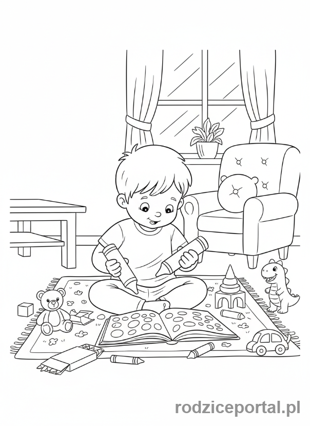 Kolorowanka Nauka Dni Tygodnia - Dziecko rysujące kredkami w domu w niedzielę, siedzące na podłodze, otoczone zabawkami, cała postać.