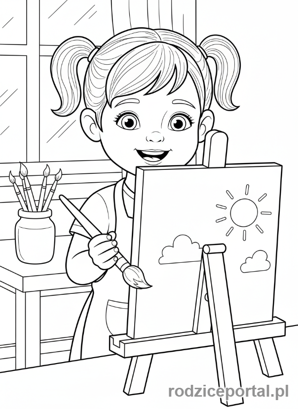 Kolorowanka Nauka Dni Tygodnia - Dziewczynka malująca obrazek we wtorek, trzyma pędzel, fokus na ręce i twarz, sztaluga.