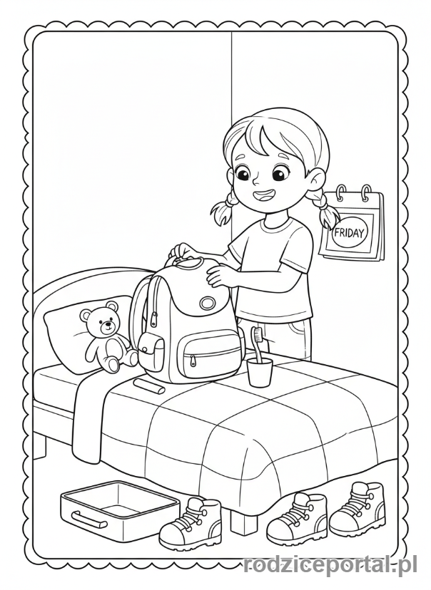 Kolorowanka Nauka Dni Tygodnia - Dziewczynka pakująca plecak na weekendową wycieczkę w piątek, radość, cała postać, sypialnia.