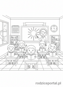 Kolorowanka Nauka Dni Tygodnia - Grupa dzieci w klasie na lekcji w poniedziałek rano, nauczycielka przy tablicy, cała scena.
