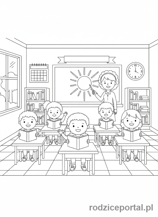 Kolorowanka Nauka Dni Tygodnia - Grupa dzieci w klasie na lekcji w poniedziałek rano, nauczycielka przy tablicy, cała scena.