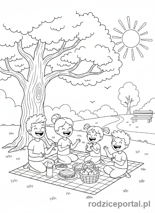Kolorowanka Nauka Dni Tygodnia - Rodzina na pikniku w parku w sobotę, jedzą kanapki, śmieją się, cała scena, z kocem.