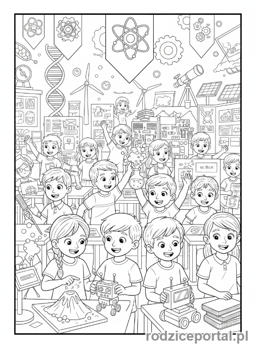 Kolorowanka Nauka - Dzieci na targach nauki