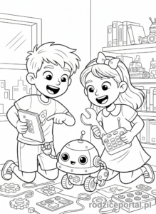 Kolorowanka Nauka - Dzieci programujące robota