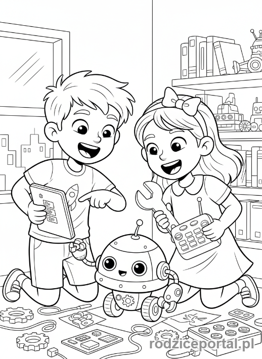 Kolorowanka Nauka - Dzieci programujące robota