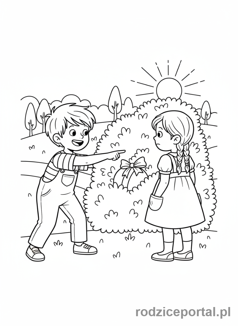 Kolorowanka Nauka Kierunków - Dzieci szukające czegoś i wskazujące.