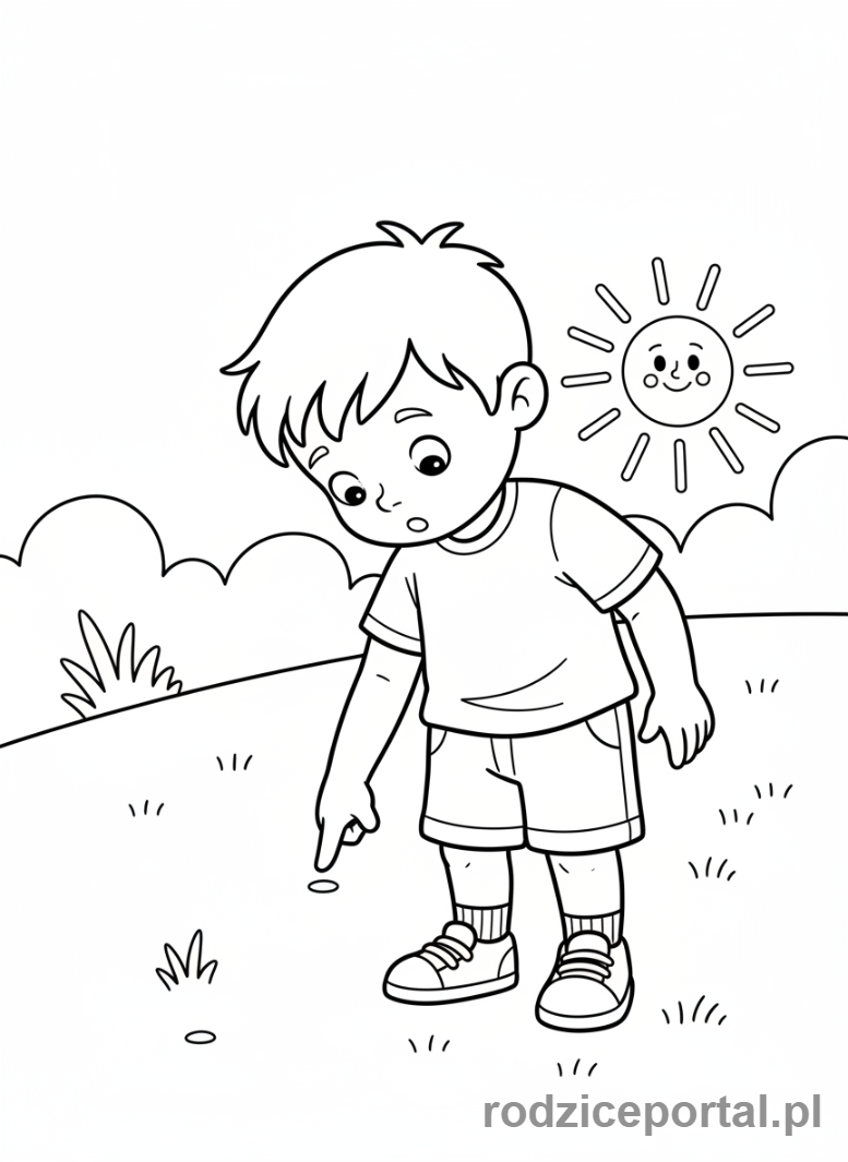 Kolorowanka Nauka Kierunków - Dziecko wskazuje w dół.