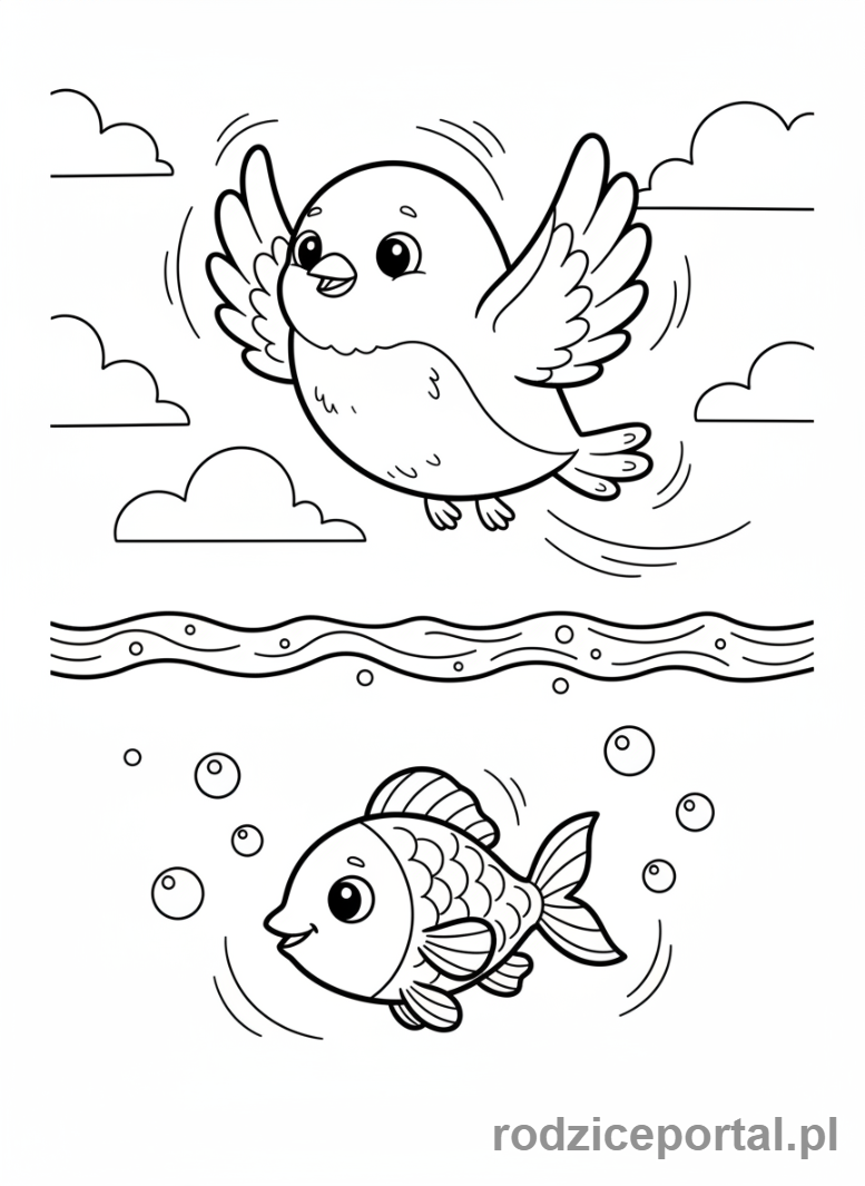 Kolorowanka Nauka Kierunków - Ptak w górze, ryba w dole.