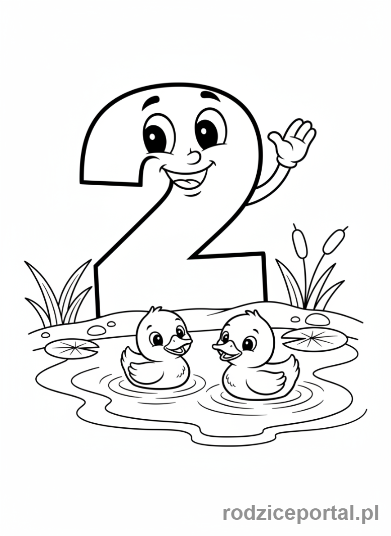 Kolorowanka Nauka Liczb - Liczba 2 i dwie kaczki