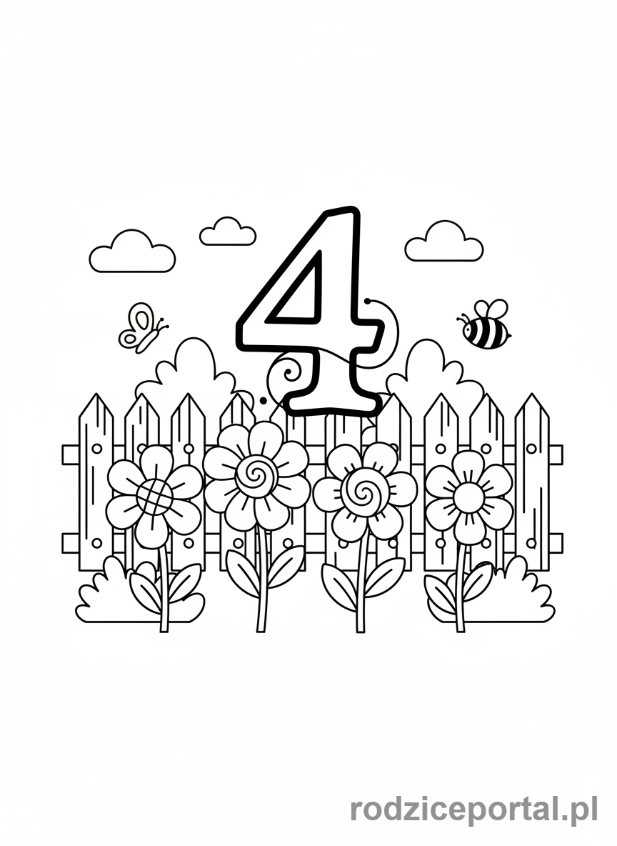 Kolorowanka Nauka Liczb - Liczba 4 i cztery kwiaty