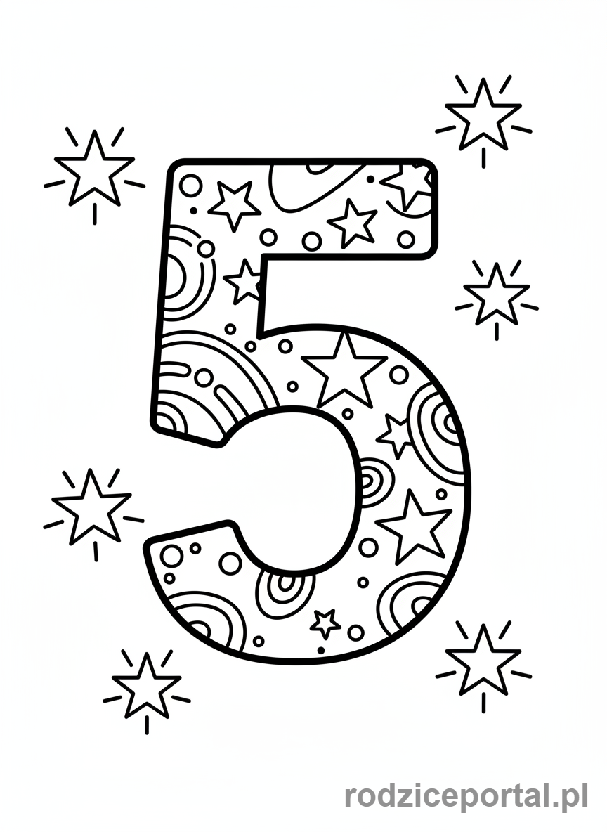 Kolorowanka Nauka Liczb - Liczba 5 i pięć gwiazdek