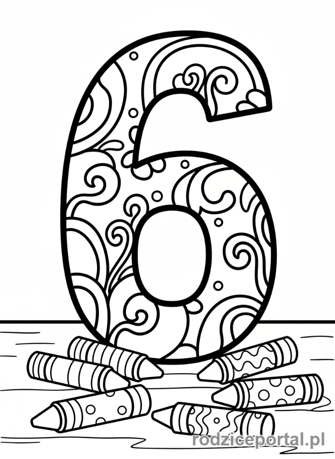 Kolorowanka Nauka Liczb - Liczba 6 i sześć kredek