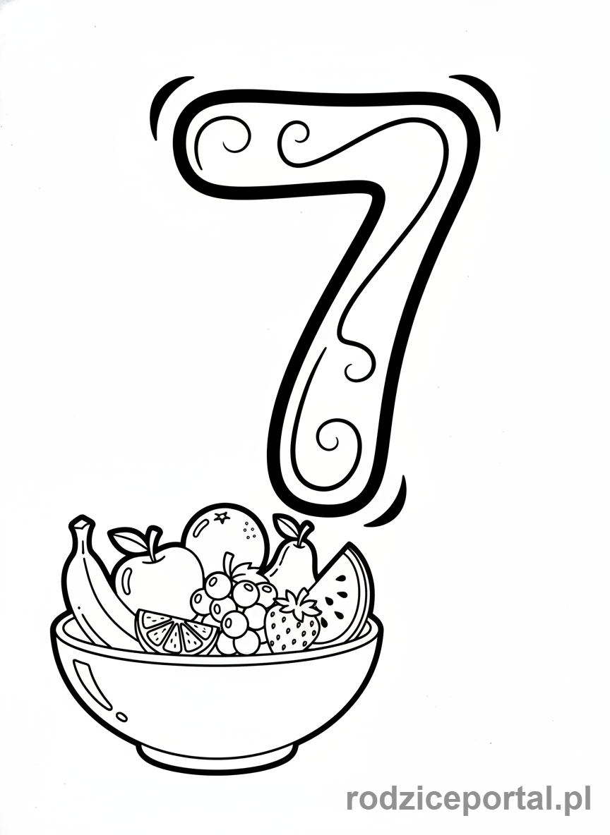 Kolorowanka Nauka Liczb - Liczba 7 i siedem owoców