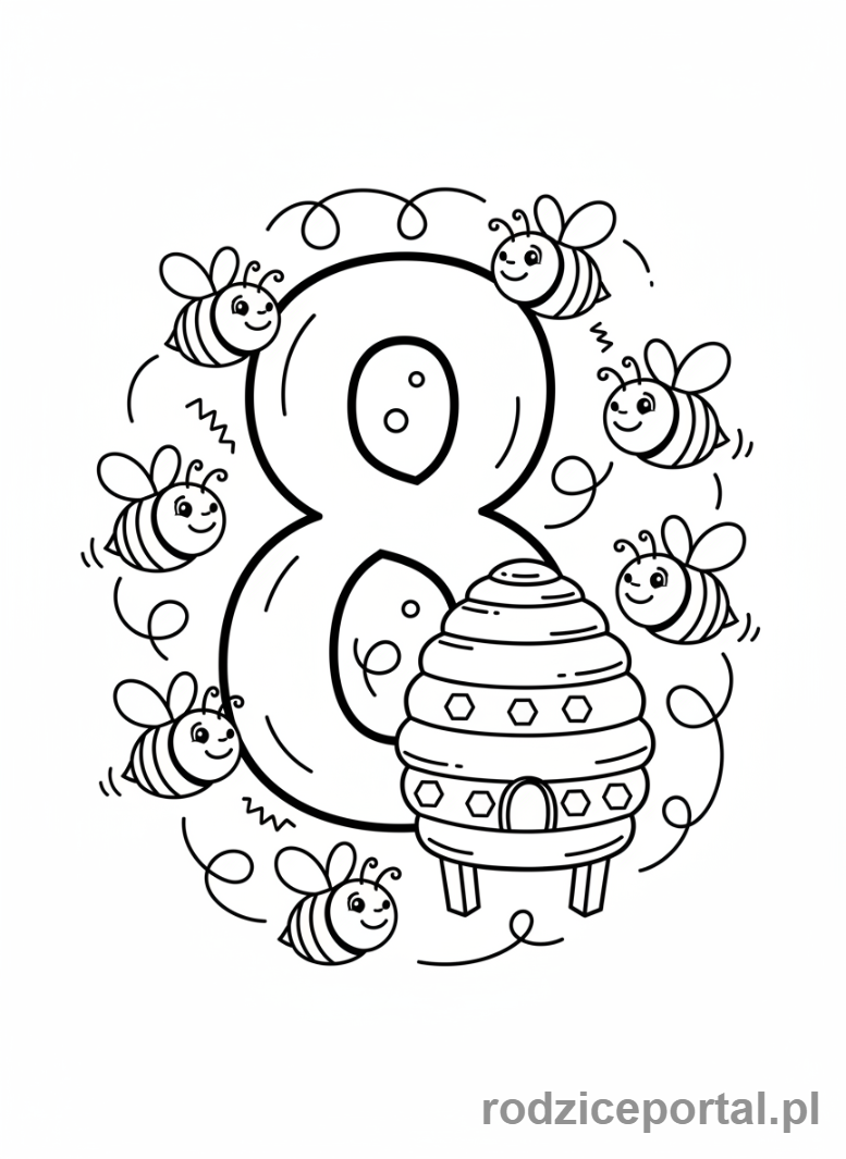 Kolorowanka Nauka Liczb - Liczba 8 i osiem pszczół
