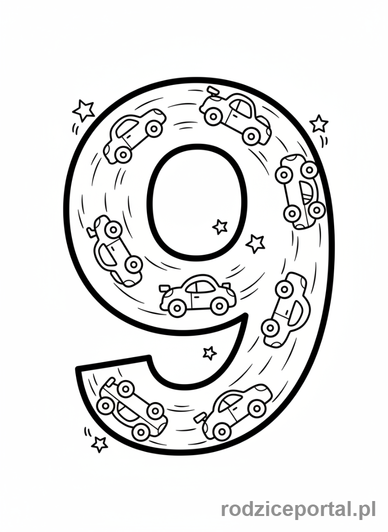 Kolorowanka Nauka Liczb - Liczba 9 i dziewięć samochodów