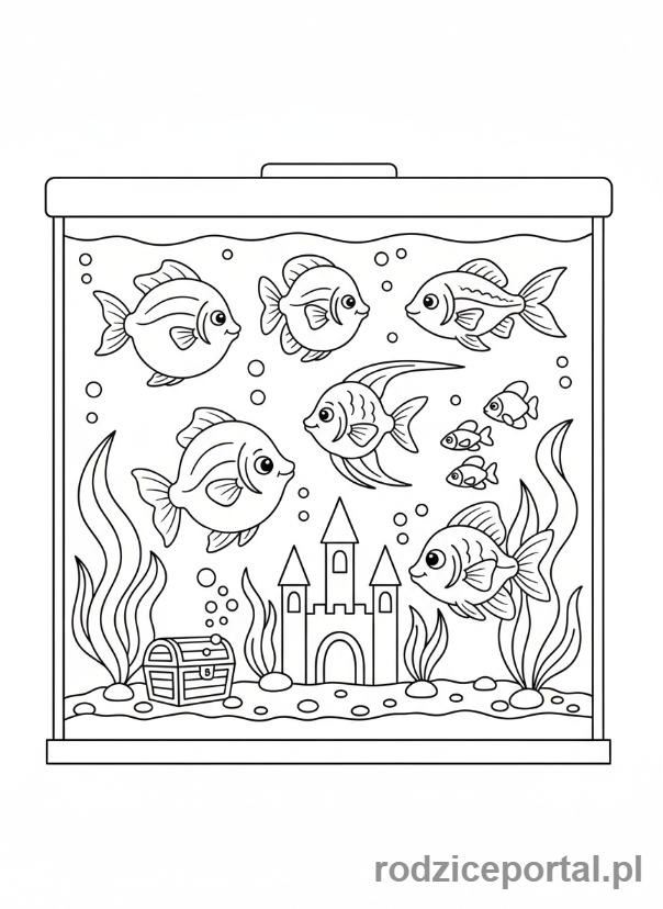 Kolorowanka Nauka Liczenia - Dziewięć rybek w akwarium