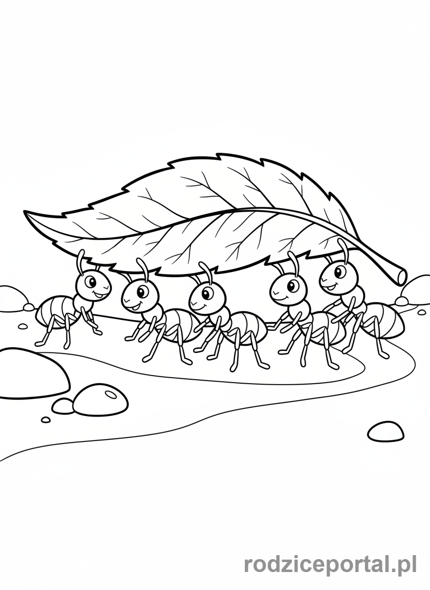 Kolorowanka Nauka Liczenia - Sześć mrówek niosących liść